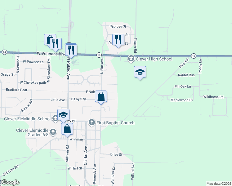 map of restaurants, bars, coffee shops, grocery stores, and more near 235 East Eagle Circle in Clever