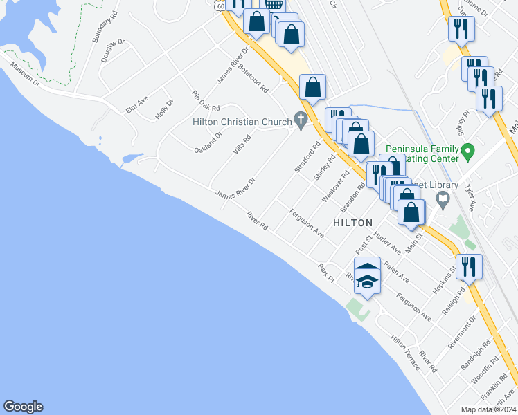 map of restaurants, bars, coffee shops, grocery stores, and more near 1 Stratford Road in Newport News