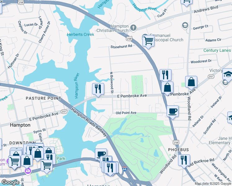 map of restaurants, bars, coffee shops, grocery stores, and more near 807 Virginia 351 in Hampton