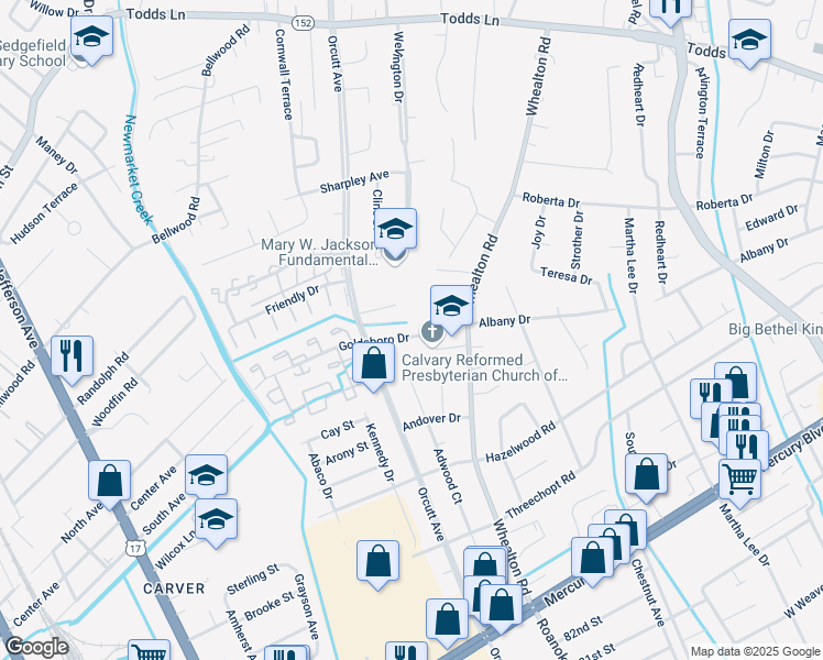 map of restaurants, bars, coffee shops, grocery stores, and more near 5000 Goldsboro Drive in Hampton