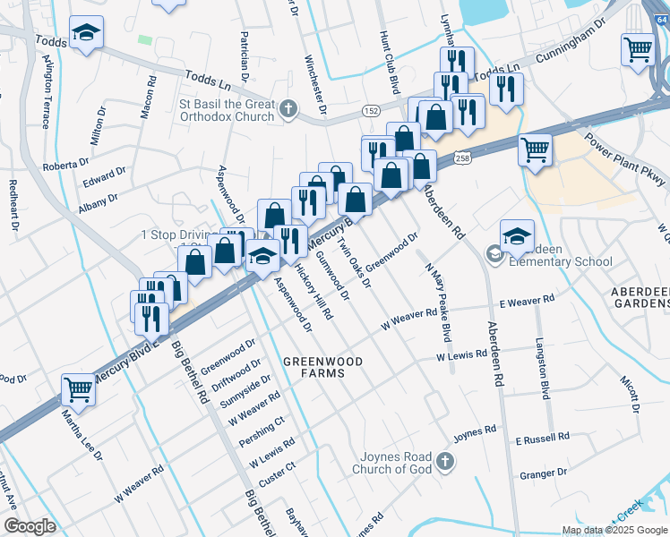 map of restaurants, bars, coffee shops, grocery stores, and more near 11 Gumwood Drive in Hampton