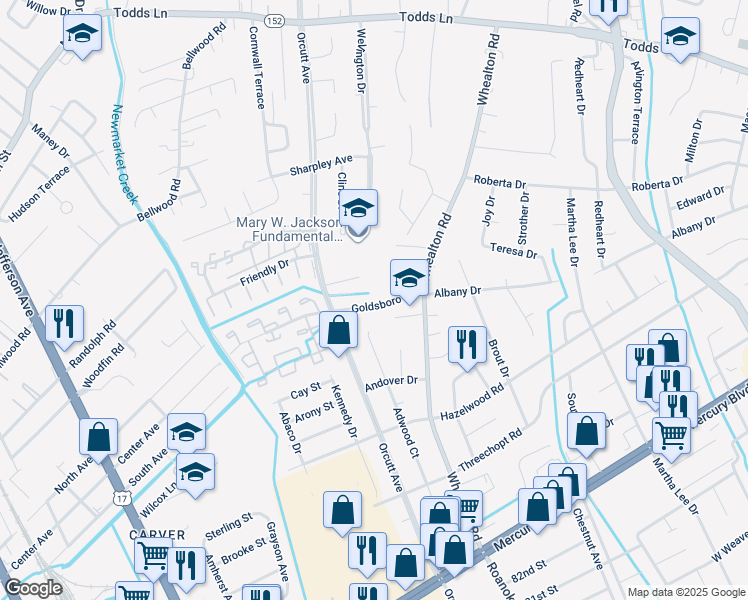 map of restaurants, bars, coffee shops, grocery stores, and more near 5000 Goldsboro Drive in Hampton