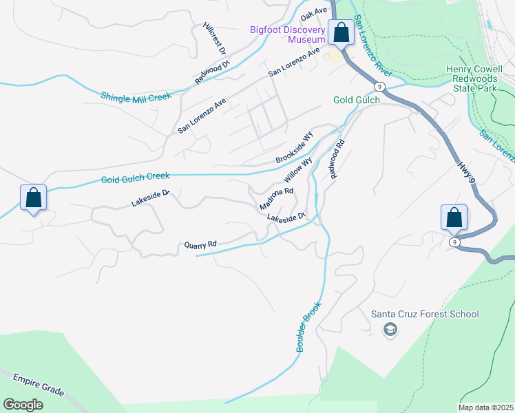 map of restaurants, bars, coffee shops, grocery stores, and more near 353 Madrona Road in Felton