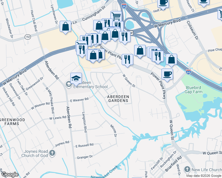 map of restaurants, bars, coffee shops, grocery stores, and more near 110 Chatham Terrace in Hampton