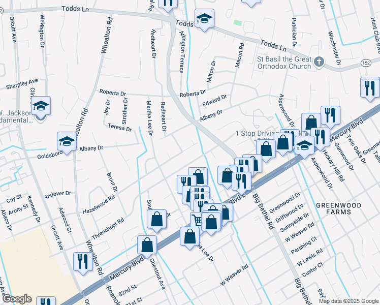map of restaurants, bars, coffee shops, grocery stores, and more near 4007 Hazelwood Road in Hampton