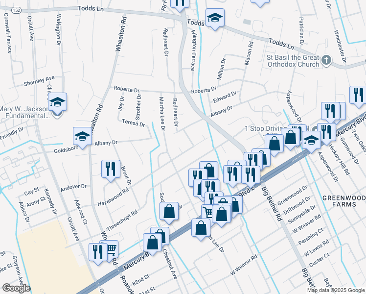 map of restaurants, bars, coffee shops, grocery stores, and more near 340 Fir Court in Hampton
