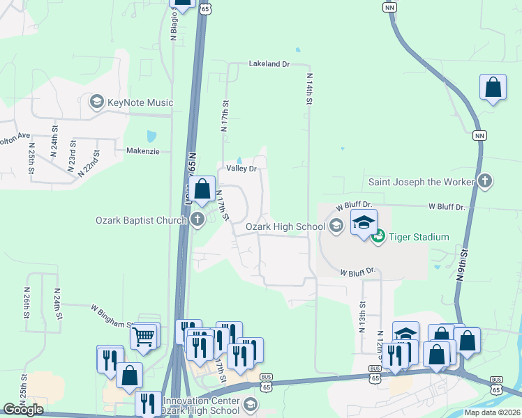 map of restaurants, bars, coffee shops, grocery stores, and more near 1709 N 16th St in Ozark
