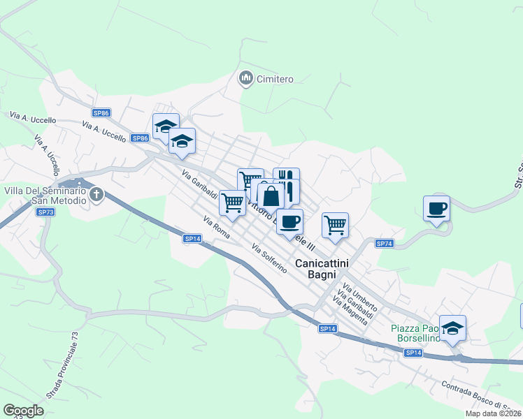 map of restaurants, bars, coffee shops, grocery stores, and more near 126 Via Vittorio Emanuele III in Canicattini Bagni