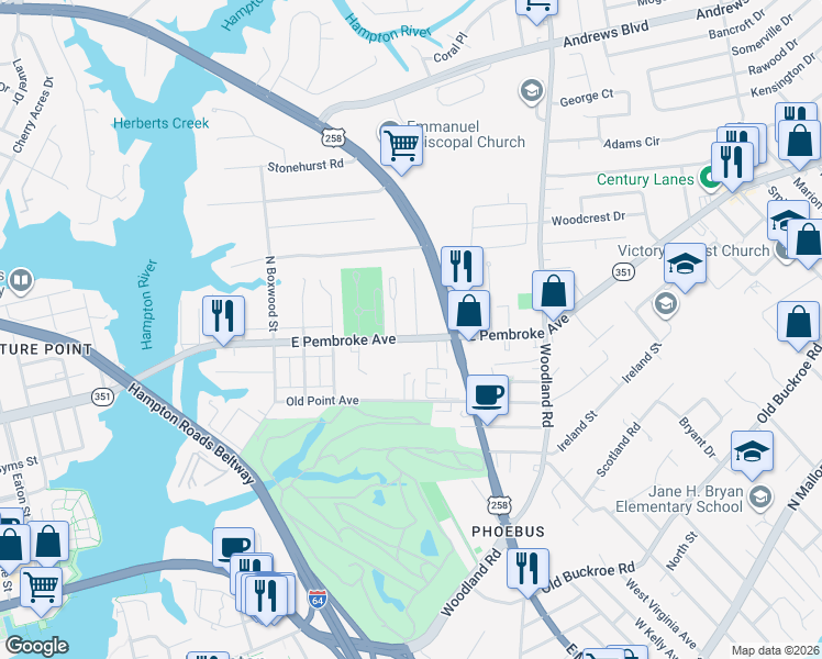 map of restaurants, bars, coffee shops, grocery stores, and more near in Hampton