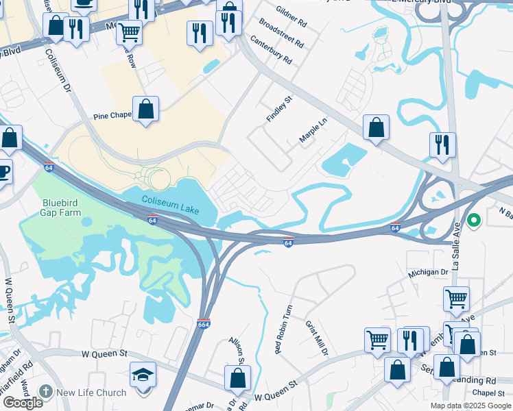 map of restaurants, bars, coffee shops, grocery stores, and more near 804 Riverfall Avenue in Hampton
