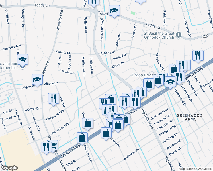 map of restaurants, bars, coffee shops, grocery stores, and more near 4007 Hazelwood Rd in Hampton