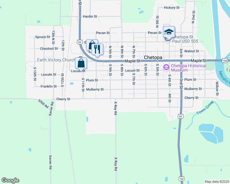 map of restaurants, bars, coffee shops, grocery stores, and more near 802-898 Mulberry Street in Chetopa