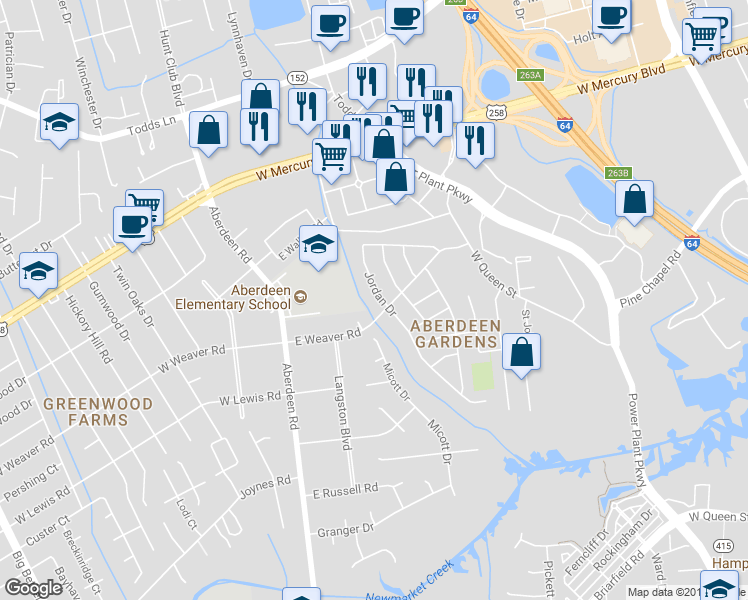 map of restaurants, bars, coffee shops, grocery stores, and more near 69 Jordan Drive in Hampton