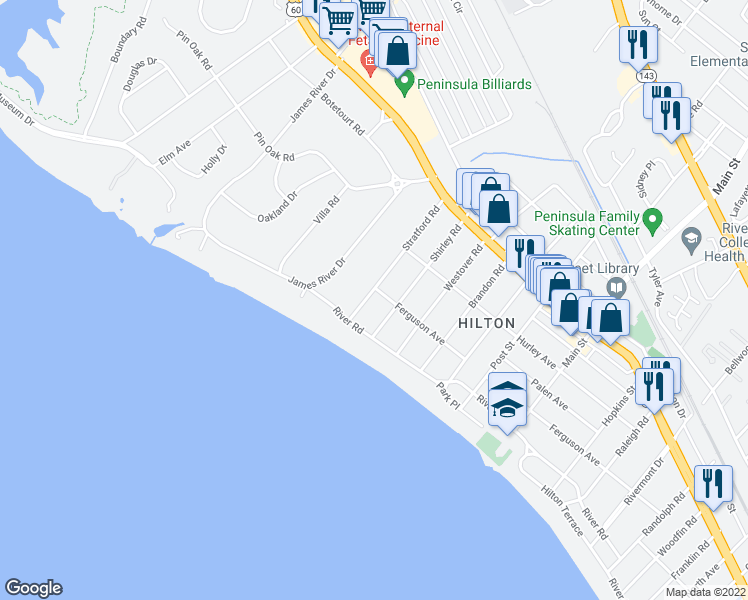 map of restaurants, bars, coffee shops, grocery stores, and more near 8 Stratford Road in Newport News