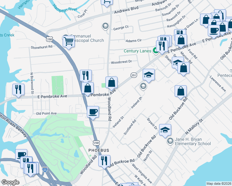 map of restaurants, bars, coffee shops, grocery stores, and more near 1406 East Pembroke Avenue in Hampton