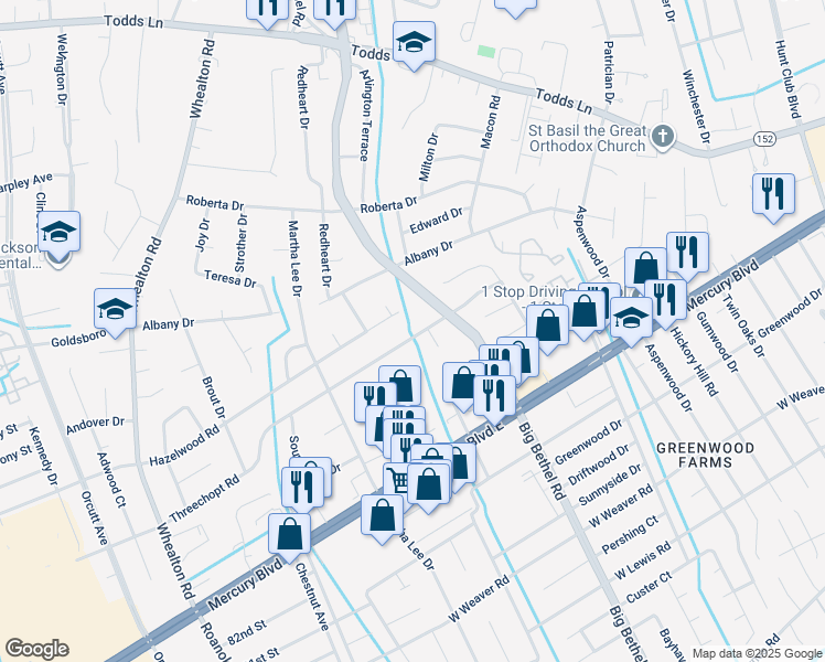map of restaurants, bars, coffee shops, grocery stores, and more near 3406 Threechopt Road in Hampton
