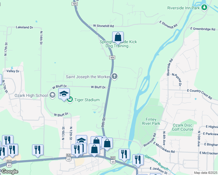 map of restaurants, bars, coffee shops, grocery stores, and more near West Bluff Drive in Ozark