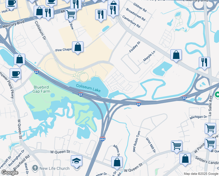 map of restaurants, bars, coffee shops, grocery stores, and more near 509 Waterside Drive in Hampton
