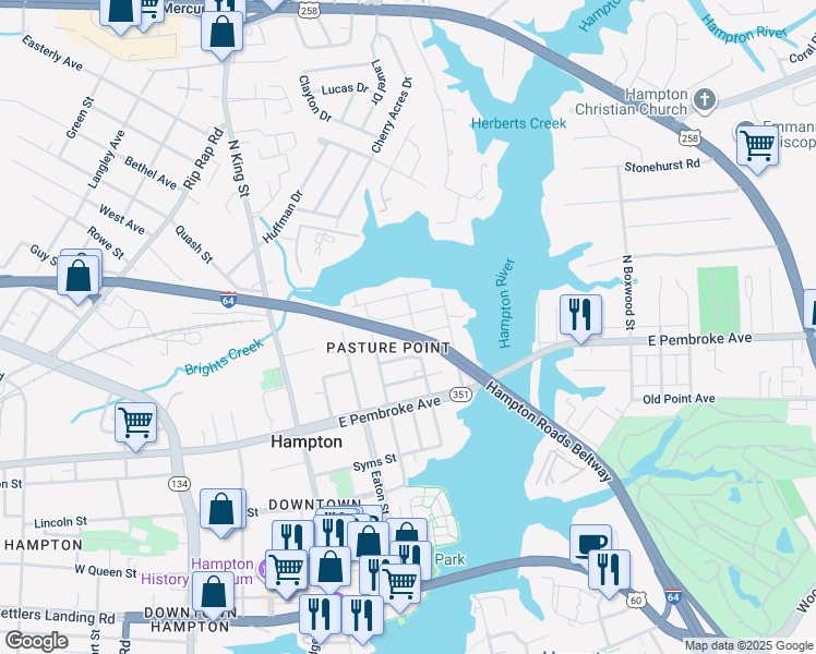 map of restaurants, bars, coffee shops, grocery stores, and more near 717 Marshall Street in Hampton