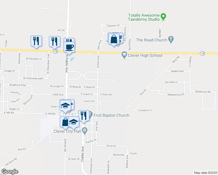 map of restaurants, bars, coffee shops, grocery stores, and more near 235 East Eagle Circle in Clever