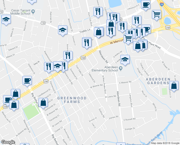 map of restaurants, bars, coffee shops, grocery stores, and more near 23 Tallwood Drive in Hampton