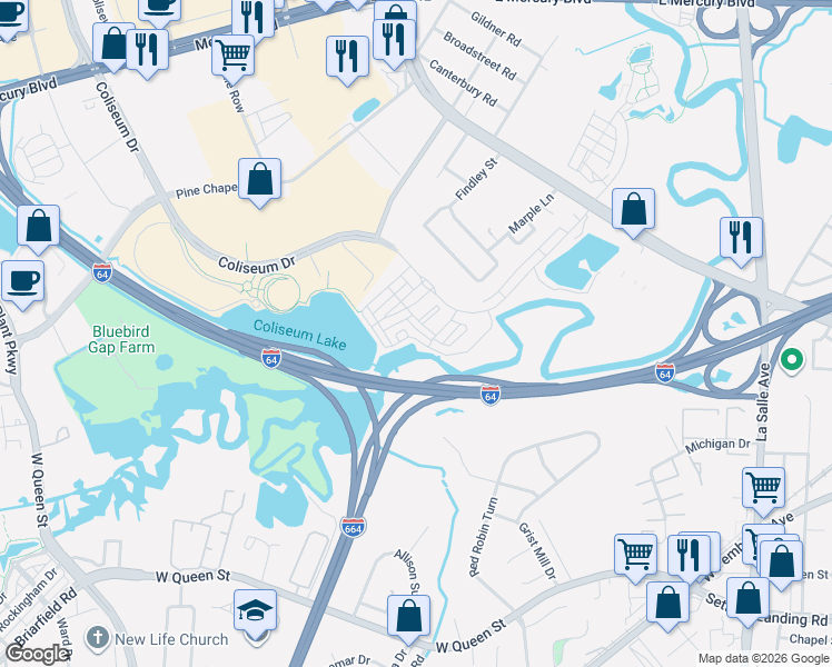 map of restaurants, bars, coffee shops, grocery stores, and more near 526 Clear Stream Lane in Hampton