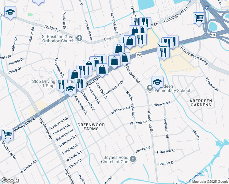 map of restaurants, bars, coffee shops, grocery stores, and more near 23 Tallwood Drive in Hampton