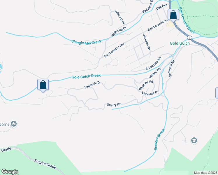 map of restaurants, bars, coffee shops, grocery stores, and more near Lake Boulevard in Lompico