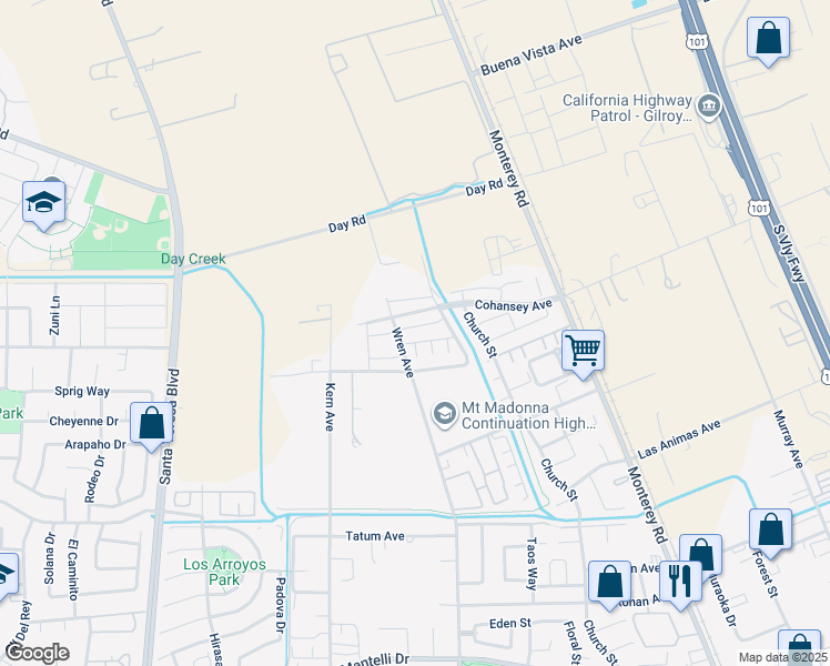 map of restaurants, bars, coffee shops, grocery stores, and more near 264 Windsong Way in Gilroy