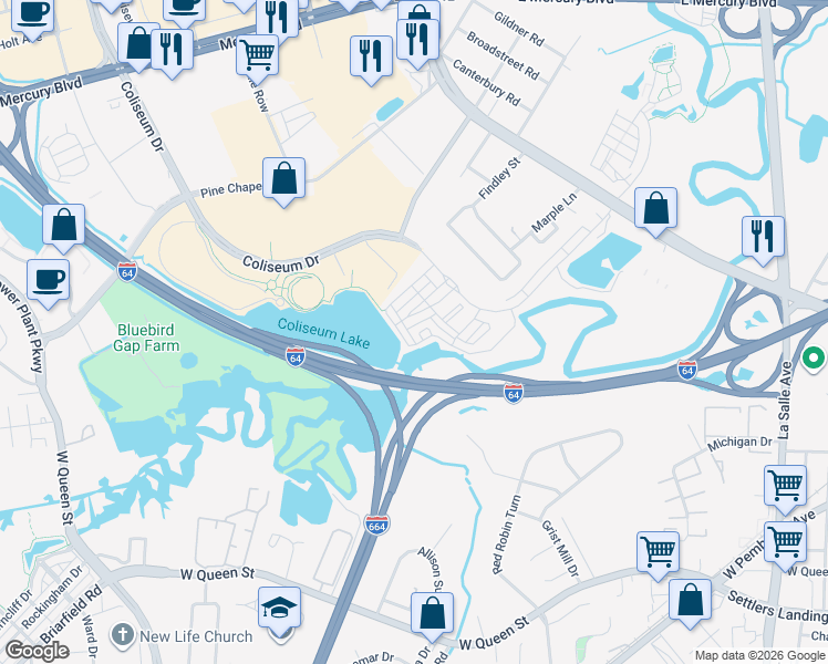 map of restaurants, bars, coffee shops, grocery stores, and more near 302 Aqua Court in Hampton