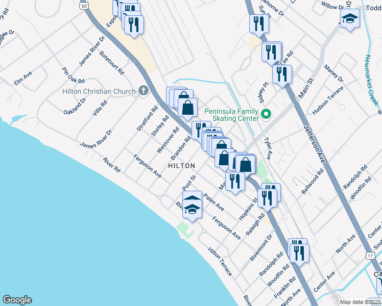 map of restaurants, bars, coffee shops, grocery stores, and more near 41 Milford Road in Newport News
