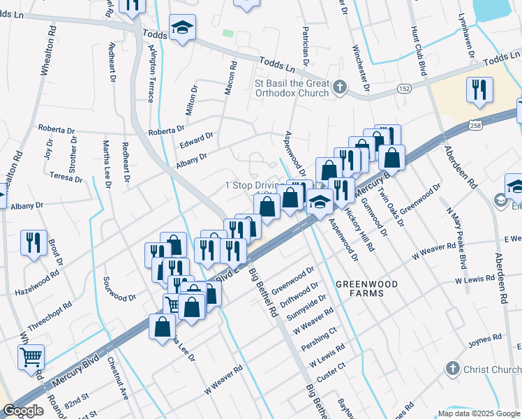 map of restaurants, bars, coffee shops, grocery stores, and more near 464 Hollomon Drive in Hampton
