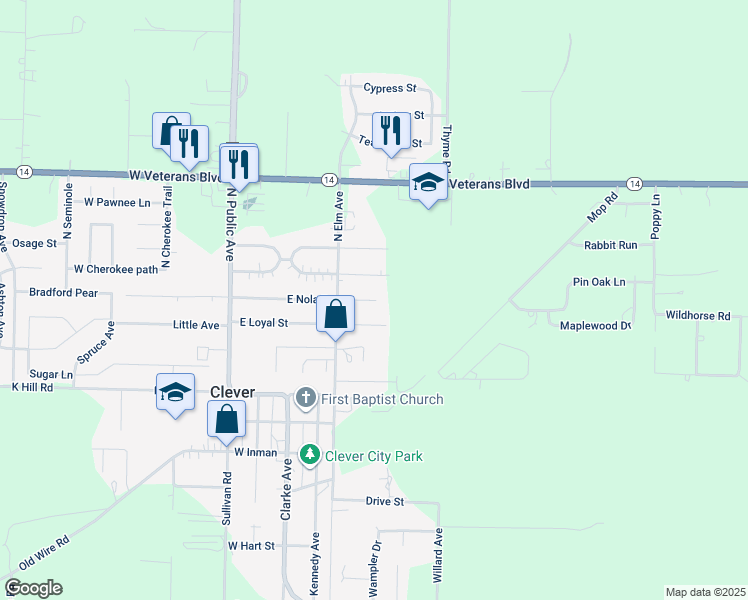 map of restaurants, bars, coffee shops, grocery stores, and more near 235 East Eagle Circle in Clever