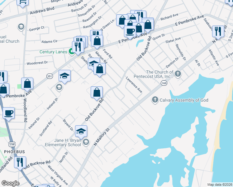 map of restaurants, bars, coffee shops, grocery stores, and more near 30 Shelton Road in Hampton