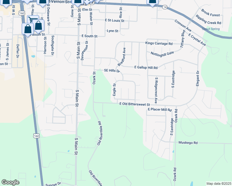 map of restaurants, bars, coffee shops, grocery stores, and more near 710 Eagle Street in Nixa