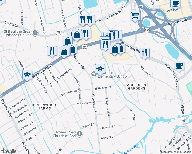 map of restaurants, bars, coffee shops, grocery stores, and more near 1424 Aberdeen Road in Hampton