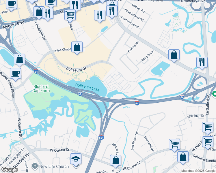 map of restaurants, bars, coffee shops, grocery stores, and more near 505 Waterside Drive in Hampton