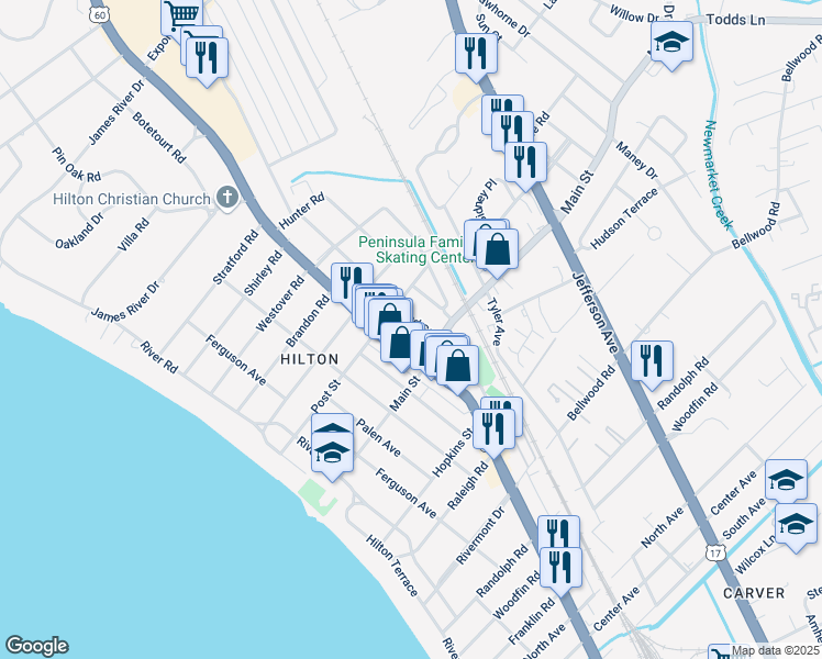 map of restaurants, bars, coffee shops, grocery stores, and more near 307 Hammond Street in Newport News