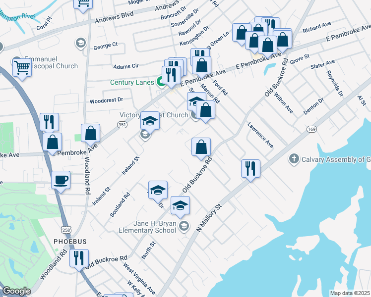 map of restaurants, bars, coffee shops, grocery stores, and more near 1415 Edson Terrace in Hampton