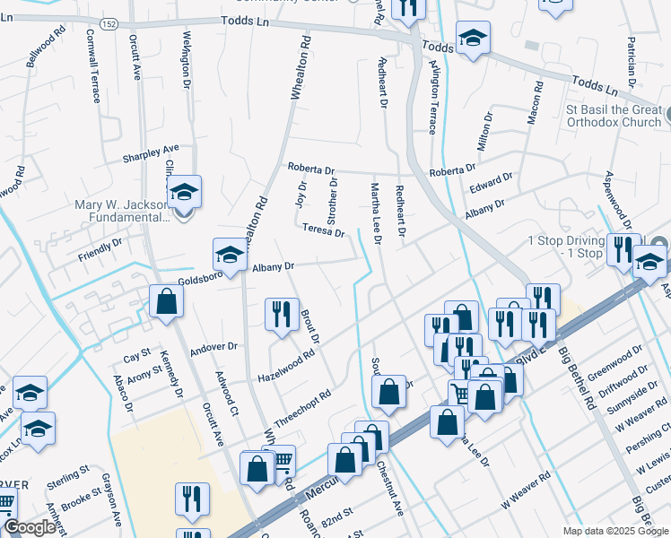 map of restaurants, bars, coffee shops, grocery stores, and more near 32 Albany Drive in Hampton