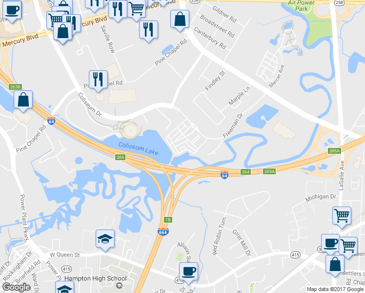 map of restaurants, bars, coffee shops, grocery stores, and more near 208 Aqua Court in Hampton