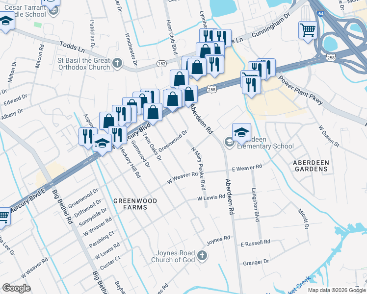 map of restaurants, bars, coffee shops, grocery stores, and more near 73 North Mary Peake Boulevard in Hampton