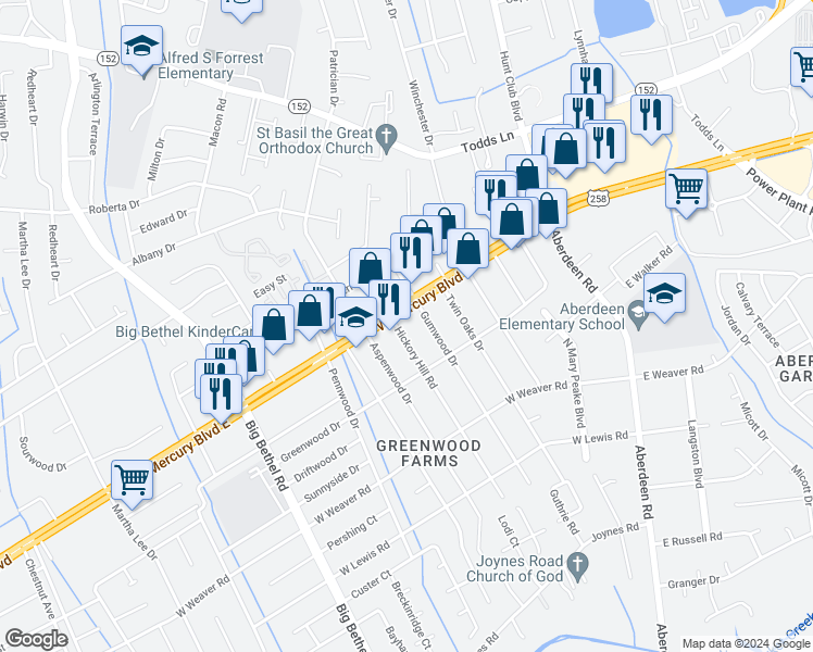 map of restaurants, bars, coffee shops, grocery stores, and more near 2901 West Mercury Boulevard in Hampton