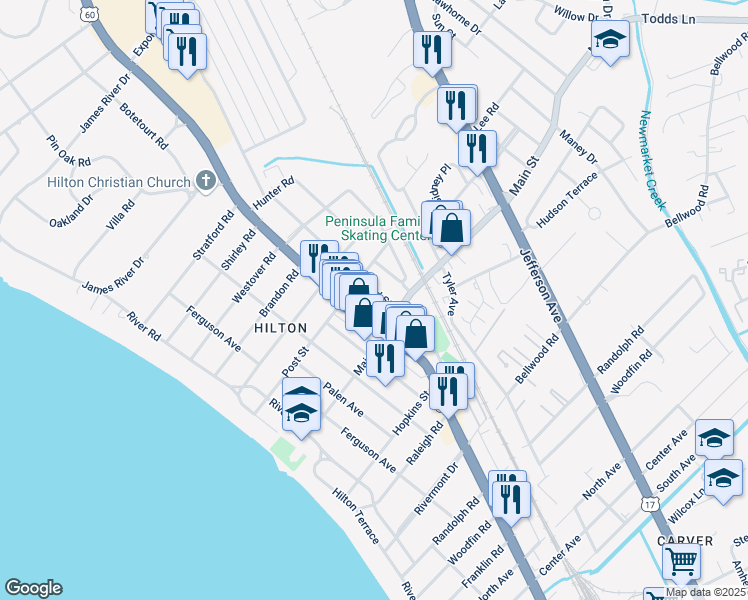 map of restaurants, bars, coffee shops, grocery stores, and more near 307 Hammond Street in Newport News