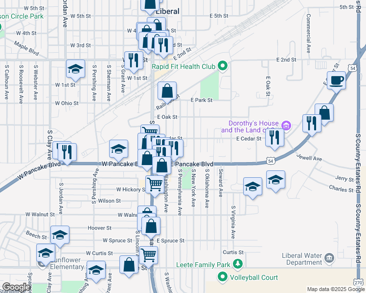 map of restaurants, bars, coffee shops, grocery stores, and more near 425 South Pennsylvania Avenue in Liberal