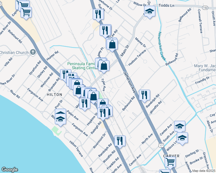 map of restaurants, bars, coffee shops, grocery stores, and more near 521 Bulkeley Place in Newport News