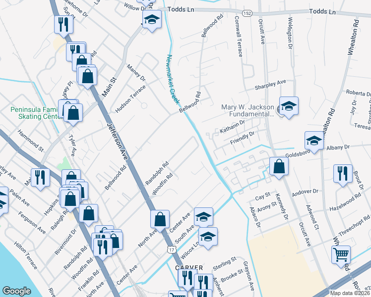map of restaurants, bars, coffee shops, grocery stores, and more near 721 Woodfin Road in Newport News