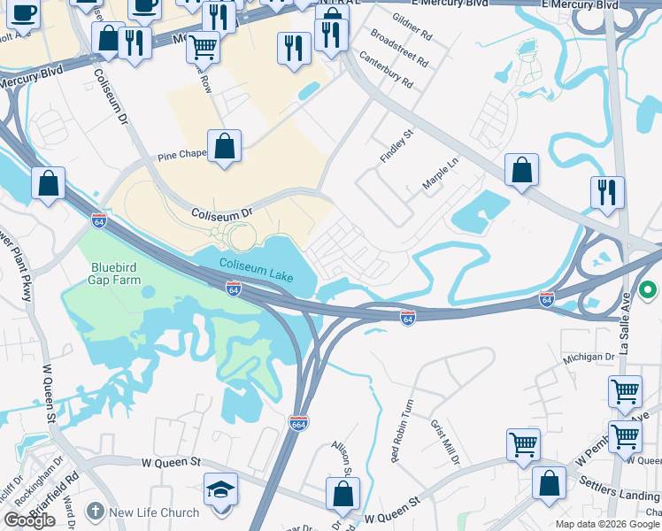 map of restaurants, bars, coffee shops, grocery stores, and more near 302 Aqua Court in Hampton