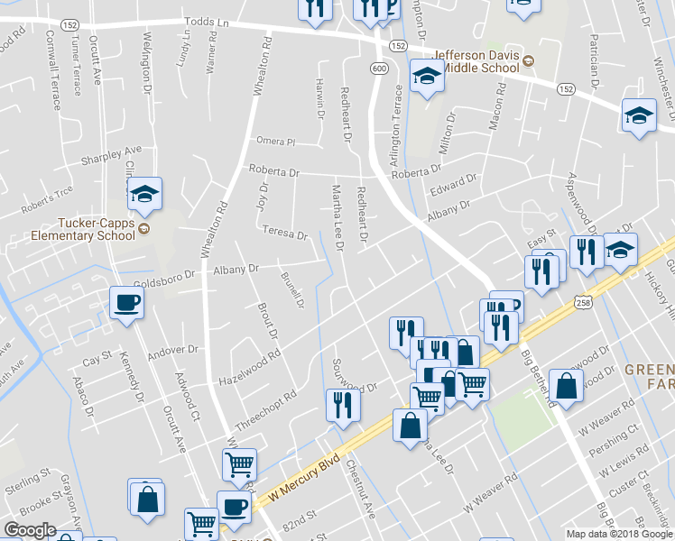 map of restaurants, bars, coffee shops, grocery stores, and more near 439 Martha Lee Drive in Hampton