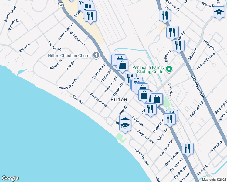 map of restaurants, bars, coffee shops, grocery stores, and more near 33 Brandon Road in Newport News
